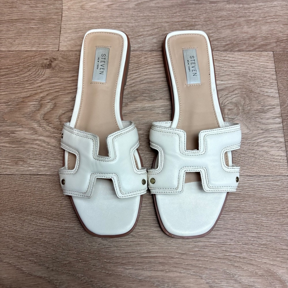 Steven New York Hadlen White H-Cutout Slide Sandals Womens Size 8 Flat Mules